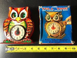 Vintage “TELL TIME” Owl Clock Savings Tin Bank Sonsco Japan w/BOX! WORKS!
