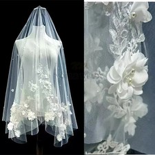 Short Two Layer 3D Flowers Pearls Bridal Wedding Veil With Comb Wedding