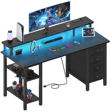 Black Gaming Desk With Led Lights And Power Outlets 47 Inch Computer Desk With F