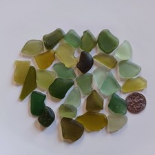 Olive green sea glass, 30 mixed med pc, genuine surf tumbled, NYC beach