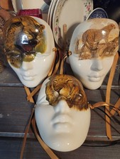 Set of 3 Glossy Ceramic Decorative Masks, Big Cat Animal Theme, White/Brown
