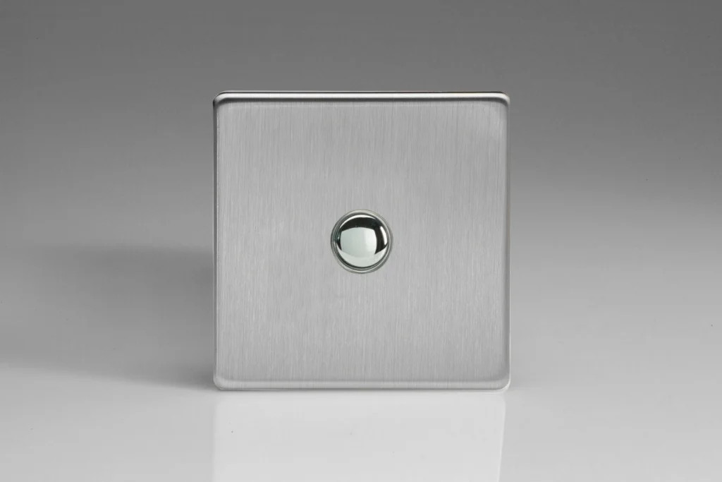 Switch Silver Momentary 6A Screwless Brushed Steel + Chrome Insert Varilight