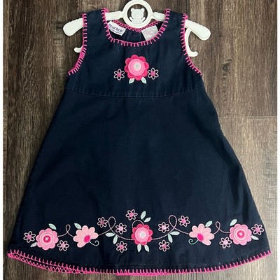 Blueberi Boulevard Girl's Blue Cotton Twill Dress with Floral Appliques Size 4