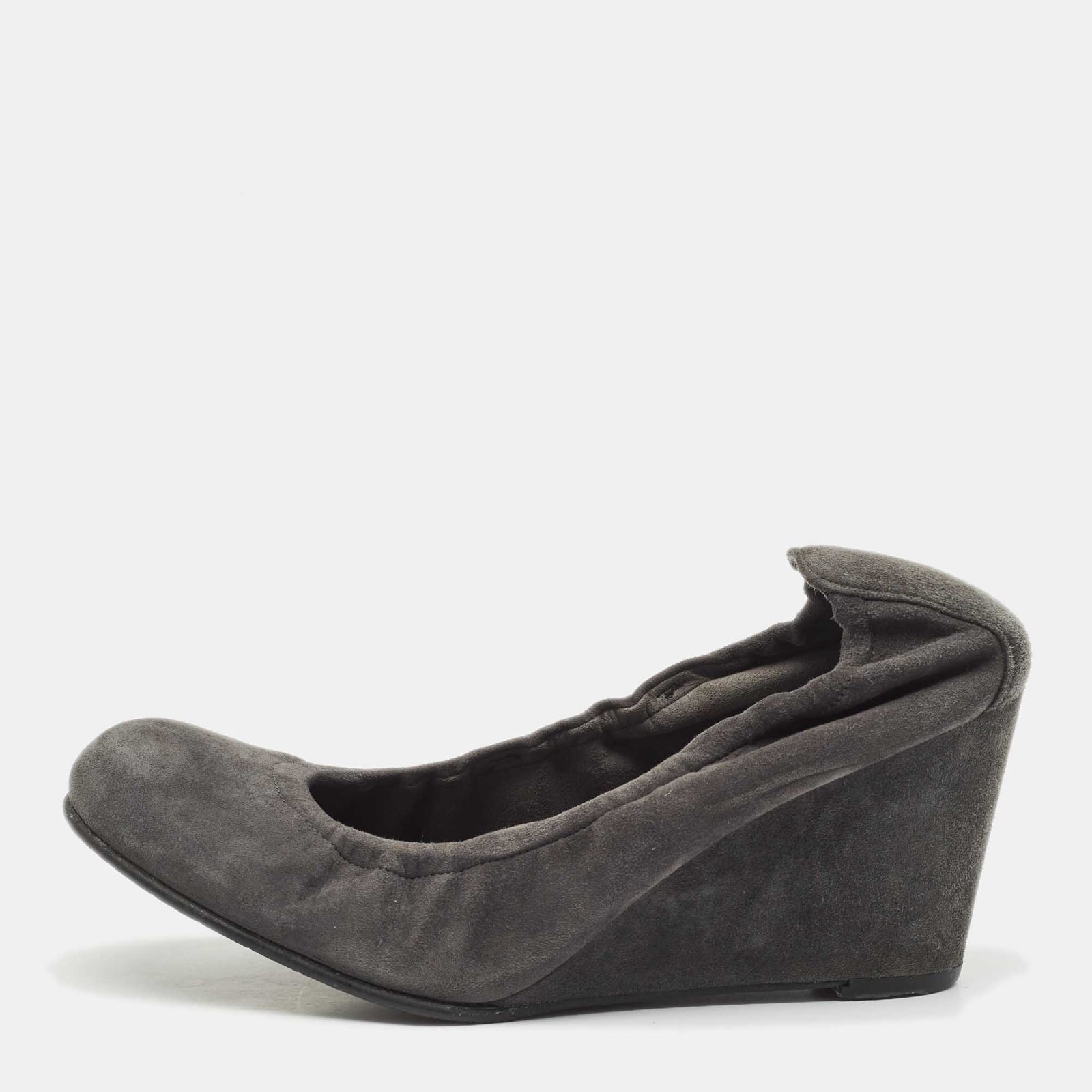 Stuart Weitzman Dark Grey Suede Scrunch Wedge Pumps Size 37.5