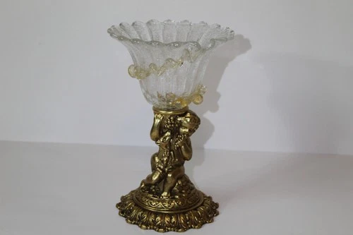 Vintage Murano Pedestal Ruffled Glass Bowl on Brass Cherub Base - Made in Venice