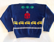 Vintage Grinns Inc Kids School Bus Barn Sweater Navy Knit Made USA Sibling