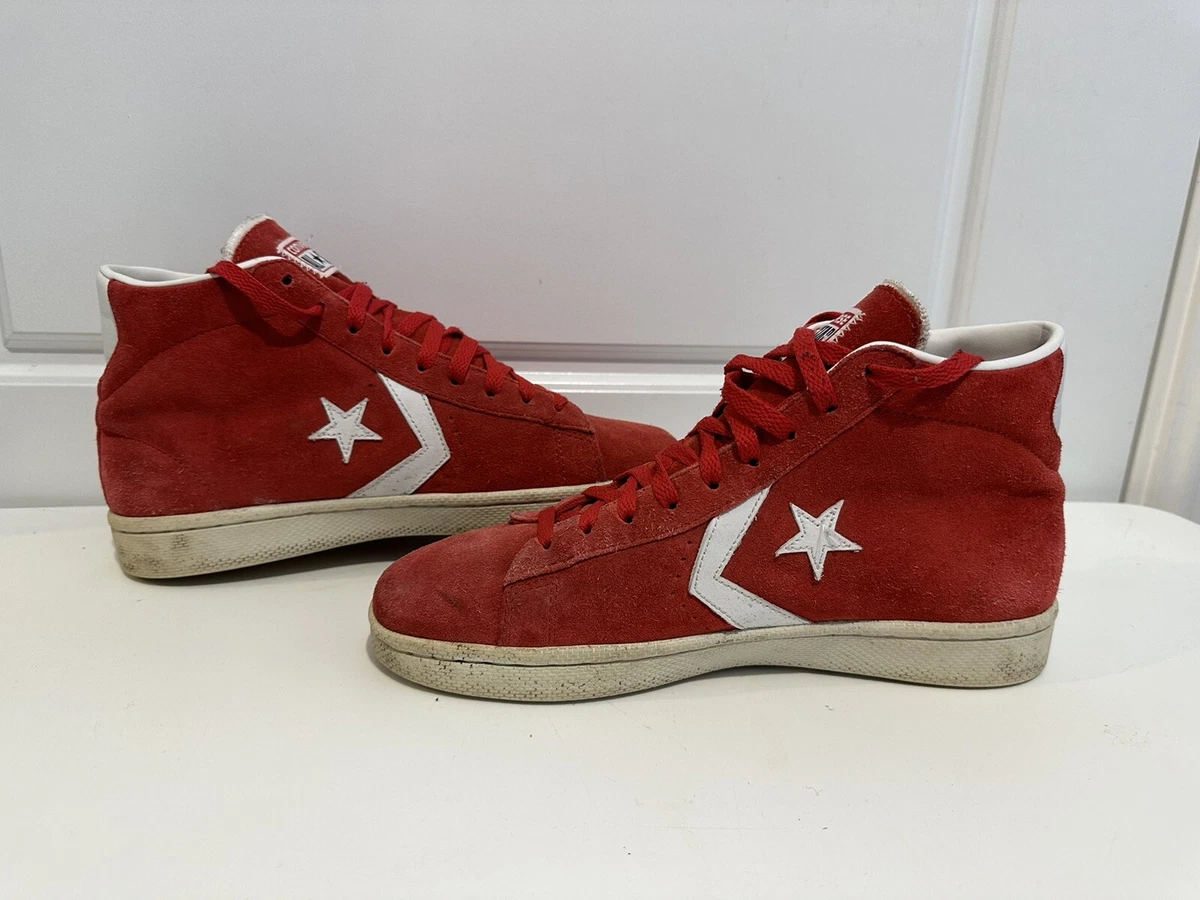 Converse Pro Leather Red Hi top Trainers Red Suede Size 8.5 UK High White