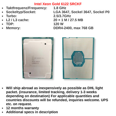 Intel Xeon Gold 6122 CPU processor 20 cores 40 threads 1.8GHZ 120QW SRCKF