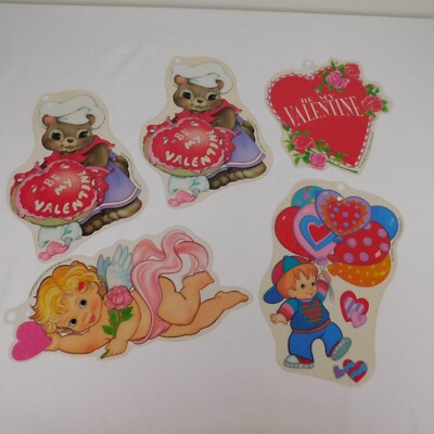 5 Paper Magic Vintage Valentines Day Static Cling Boy Balloons Cherub Mine FLAW