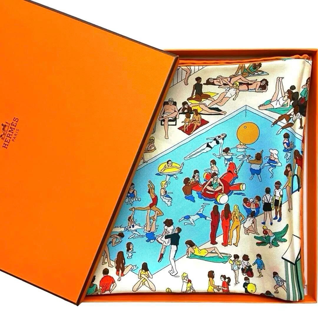 HERMES Silk Scarf Carre 90 HERMES on the beach Blue Orange