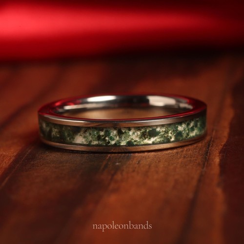 Green Moss Agate Silver Ring, Women's Wedding Band, Comfort Fit - Afbeelding 1 van 9