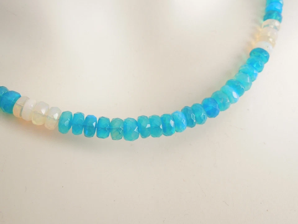 925 Argento Collana Collier Opale Blu & Bianco Rondella 10,5 G / Lungo 46-50,5 - Immagine 4 di 4