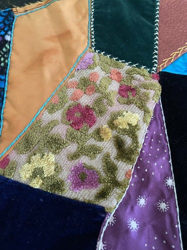 Crazy Quilt Piece Block Hand Pieced Patchwork Early Fabrics Folk Art 17” X 17” - Picture 7 of 9
