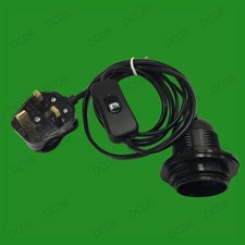 E27 ES Black UK 3pin Plug Light Bulb Holder Inline Switch Desk Table Lamp