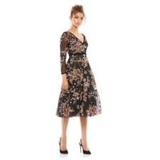 Mac Duggal 67499 Floral Lace & Sequin Long Sleeve Tulle Tea Length Dress 6 NWT