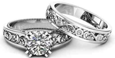1.60Ctw Moissanite Filigree 18k White Gold Vermeil Plated Wedding Ring Set