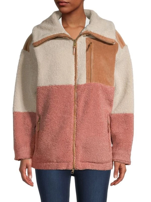 New Women s TED BAKER Iiriis Colorblock Faux Shearling Jacket Grey