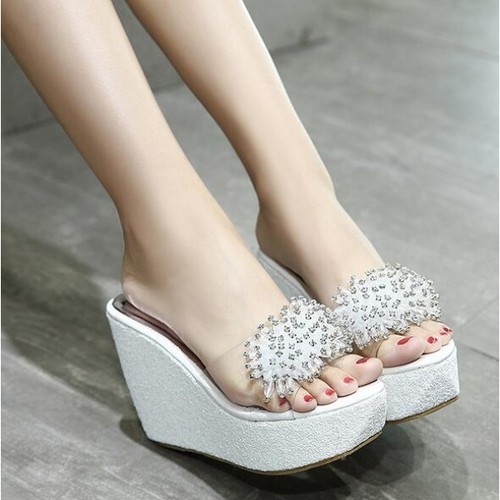 Sandali ciabatte donna infradito bianco alti zeppa 11 cm mare comodi cw519  | eBay