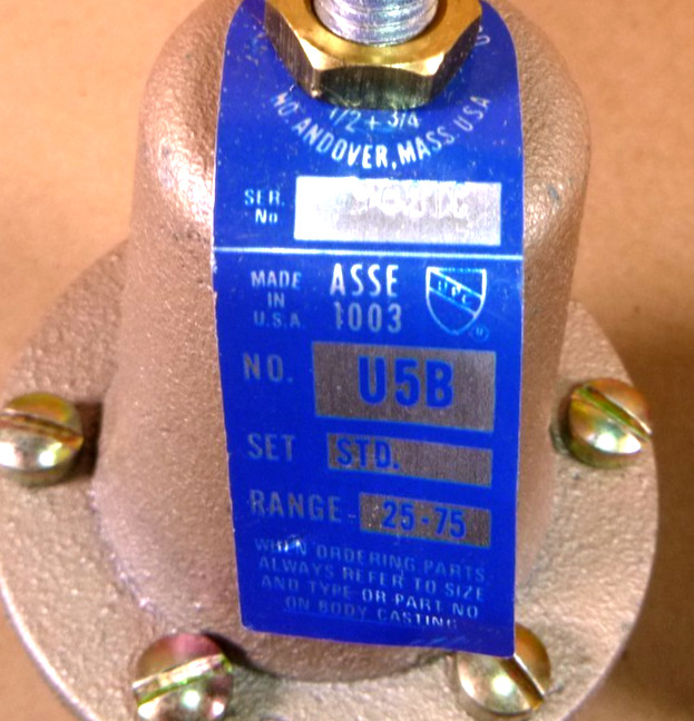 U5B-Z3 Watts Water Pressure Reducing Valve 1/2" FNPT Ports Set at 50 Psi