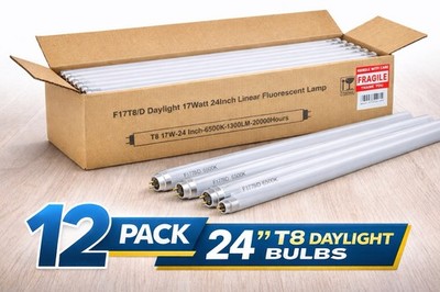 12 Pack F17T8/D Daylight 24  T8 Fluorescent Tubes 17W 6500K 1300LM New