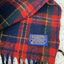 Vintage Pendleton Wool Plaid Throw Blanket Red Navy Blue Fringed Made in USA