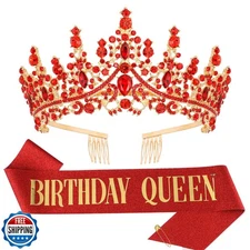 Tihebax Birthday Queen Sash and Rhinestone Tiara Red Gold Crown Birthday Sash
