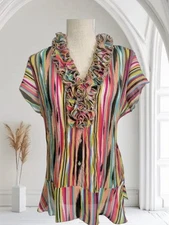 East 5th Accordion Blouse Size L Rainbow Ruffle Top Striped Shirt Short Sleeves