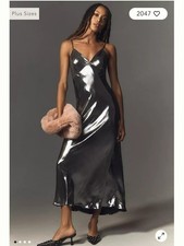 By Anthropologie Metallic Silver V-Neck Midi Slip Dress - Size Large