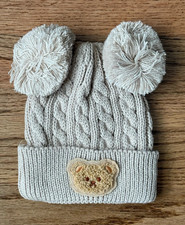 Baby Knit Beanie Hat Beige Double Pom Pom Teddy Bear Cable Knit Winter Hat