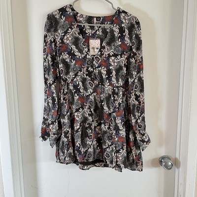 NWT ~ Free People Black Combo Floral Rayon/Modal Boho Blouse Sz XS