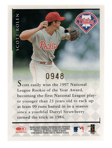 SCOTT ROLEN 1998 DONRUSS SIGNATURE SERIES MILLENNIUM MARKS ON CARD AUTO PHILLIES - Picture 2 of 2
