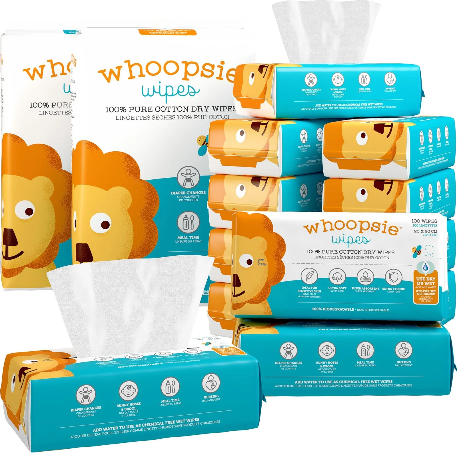 Whoopsie Wipes – The Original 100% Pure Cotton Dry 100 Count (Pack of 12)