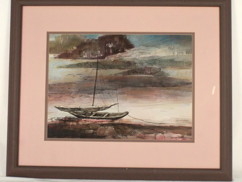 Paisaje marino de mediados de siglo antiguos veleros acuarela abstracta pintura firmada ilegible Foto 3 de 4