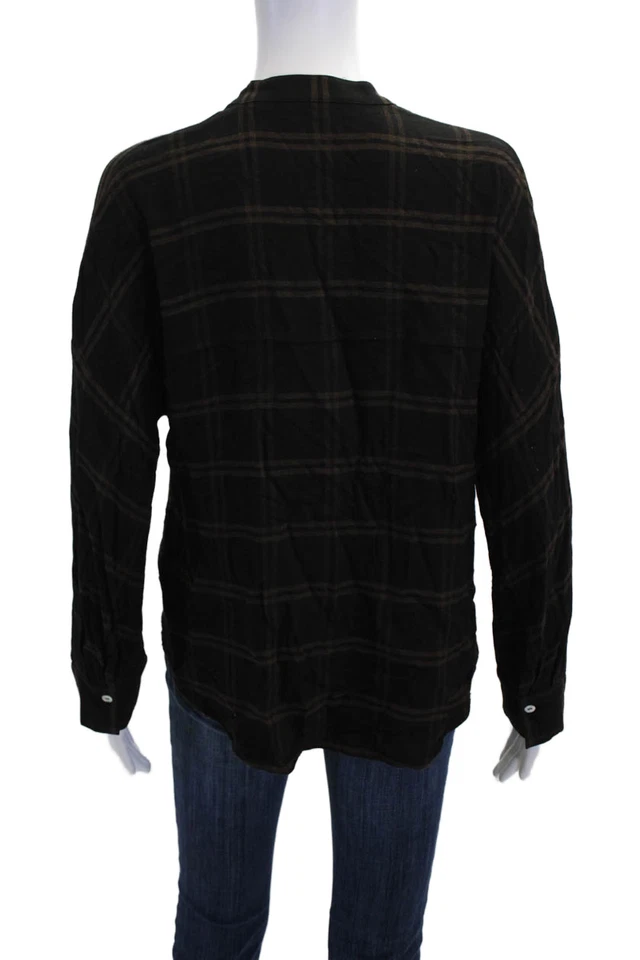 Blusa Top Vince Mujer Cuello Cuadros Manga Larga Abotonada Negra Talla S Foto 3 de 4
