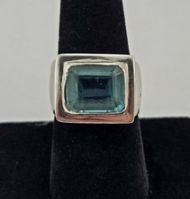 Vintage Sterling Silver Blue Topaz Color Ring Size 8 Heavy Bezel Set - 13.8g