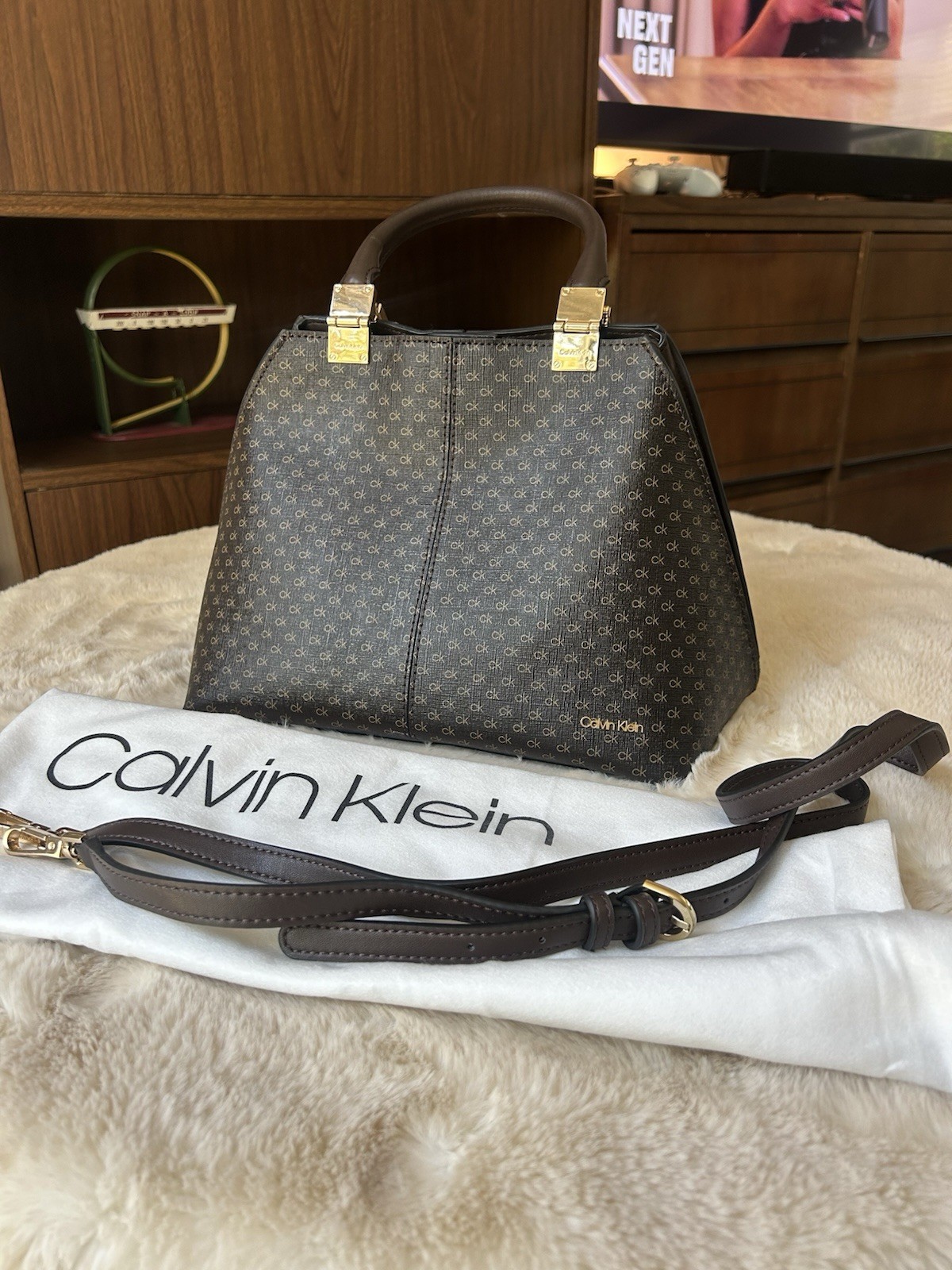 Calvin Klein Granite Signature Convertible Satchel Purse Handbag Monogram