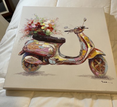 Vtg Scooter 3D Oil Painting Canvas  16 x16 