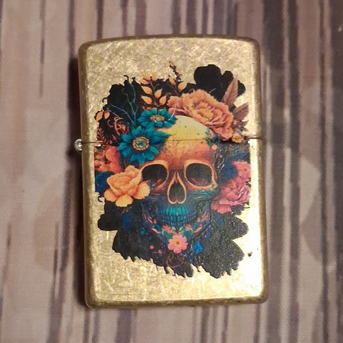 Zippo Brass Skull & Floral Graphic Lighter, Skulls & Gothic Theme