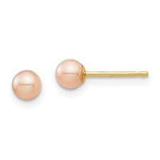 14k Yellow Gold 3-4mm Pink Round Freshwater Cultured Pearl Stud Earrings 0.1gm