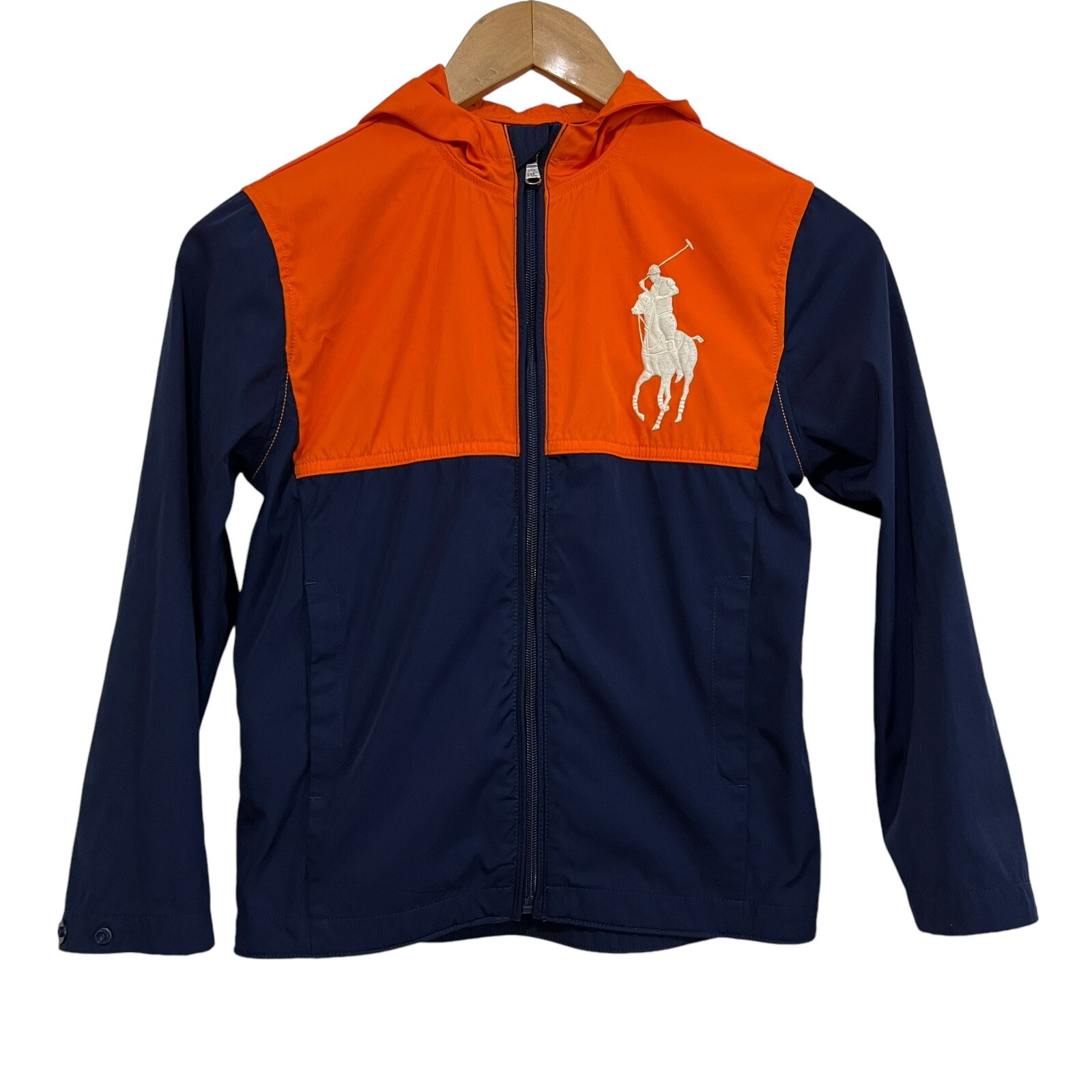Giacca a vento Polo Ralph Lauren bambino grande pony arancione blu taglia small (8)