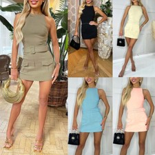 Ladies Womens Belted Dress Combat Cargo Pocket Sleeveless Playsuit Skort Set