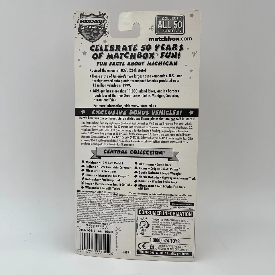 FORD MODELO T 1921 MATCHBOX THROUGH AMERICA SERIE 50 CUMPLEAÑOS (MICHIGAN) Foto 2 de 2