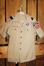 Boy Scouts of America BSA Youth Shirt Large Tan Sewn on patches