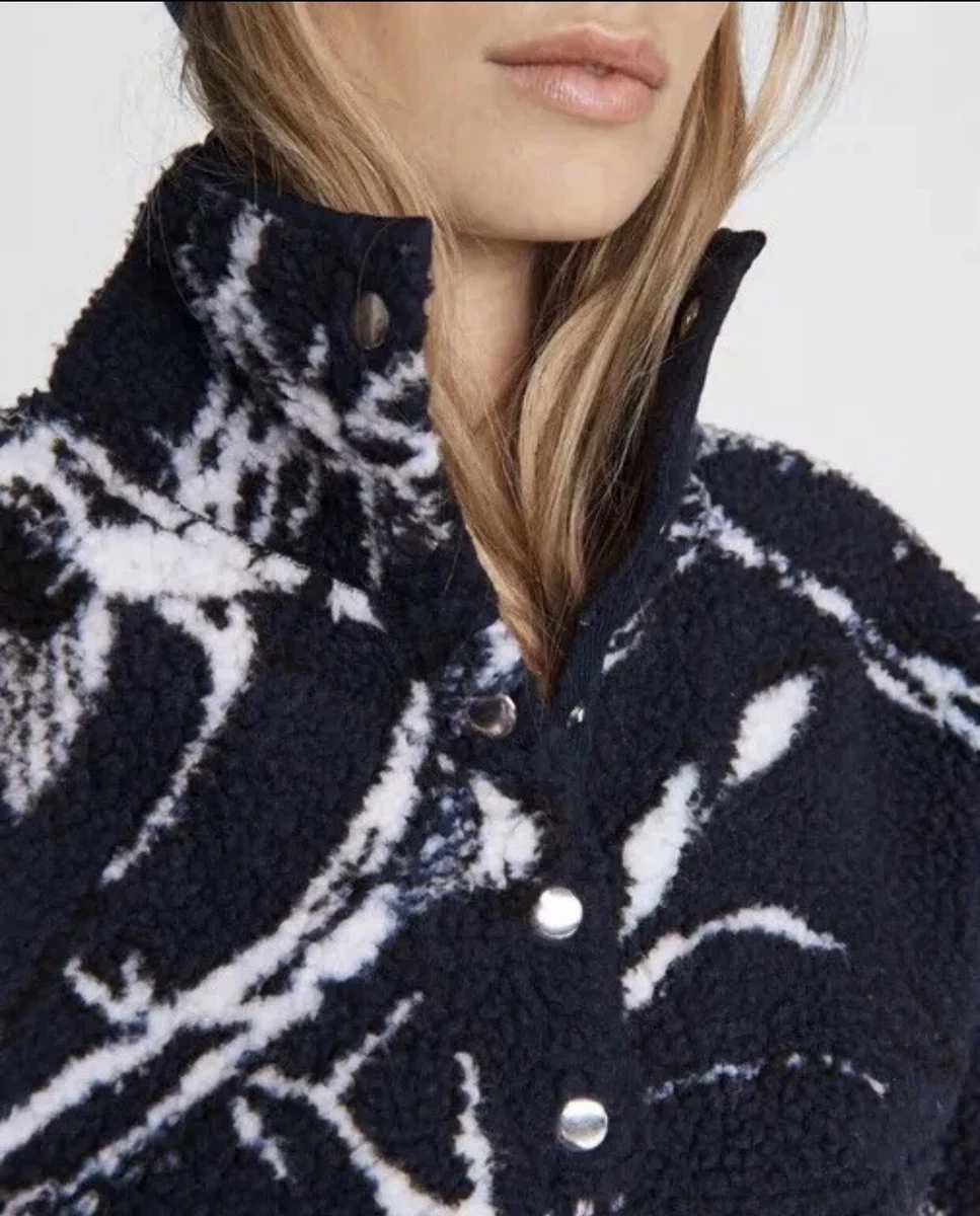 Rag Bone Floral Sherpa Teddy 1 4 Snap Crop Pullover Sweater In Navy Size L