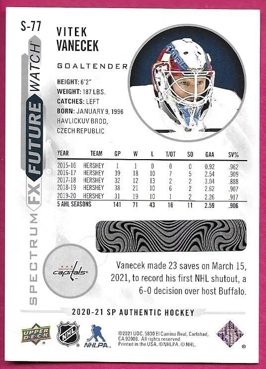 2020-21 UD Sp Authentic VITEK VANECEK #S-77 Future Watch Spectrum *SCRATCHED* - Image 2 of 2