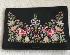 Vintage Black Petite Point Embroidered Evening Clutch Purse-1920's...France