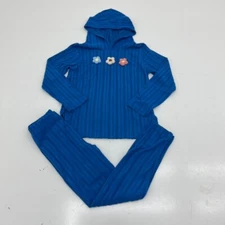 Blue Knit Floral Embroidered 2 Piece Hoodie & Leggings Set Girls Size 5-6 NEW