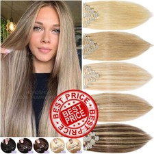 Blonde Grey Clip In Real Remy Human Hair Extensions Weft 8PCS Full Head Straight