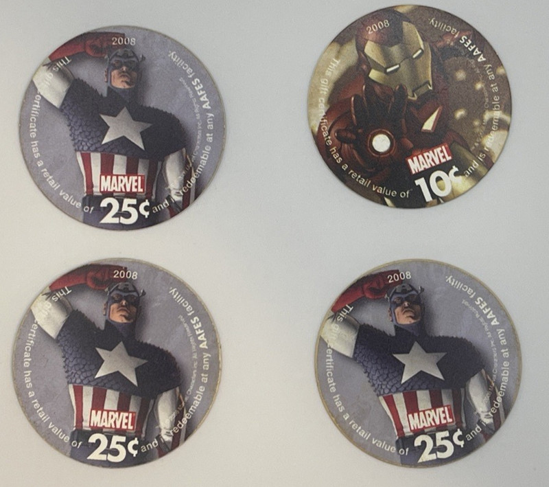 Lot of 4 Vintage "Marvel" AAFES Military Pogs – 2008 Iraq War OIF/OEF Currency