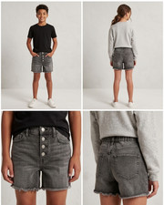 Abercrombie Mini Mom Shorts Kids 15-16 Gray Denim High Rise Button-Fly Raw Hem
